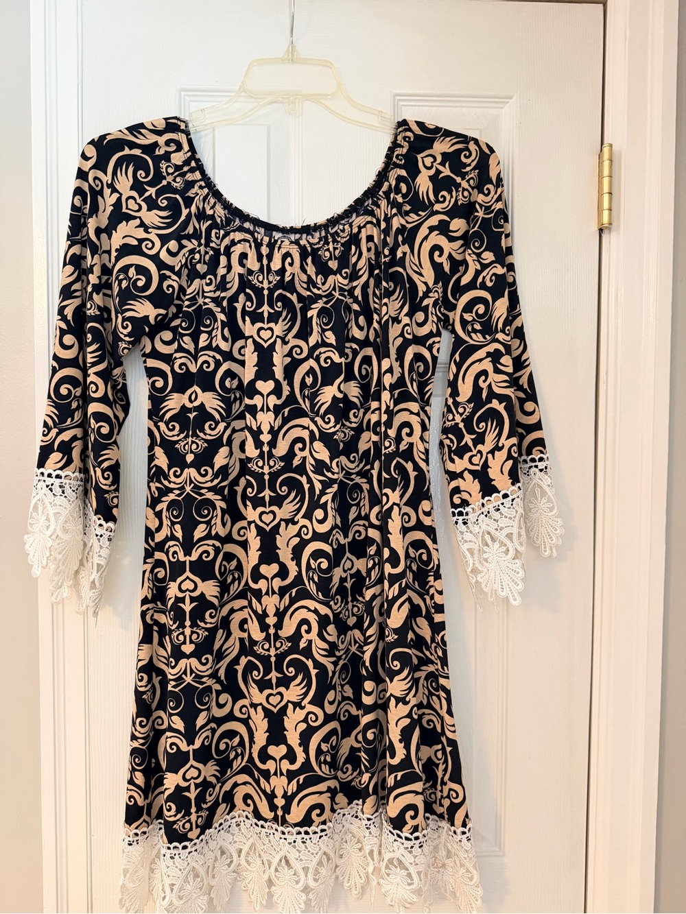 Boho Lace-Trim Navy and Beige Printed Dress